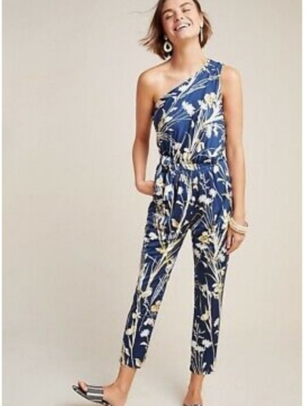 NWT ANTHROPOLOGIE Maeve Keaton  One-Shoulder Navy Floral Jumpsuit XSP
